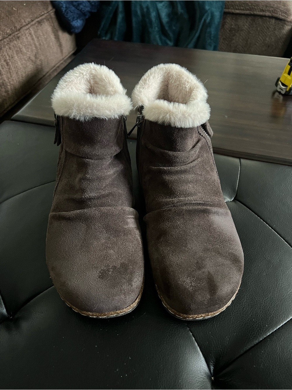 Earth Chocolate Brown Suede Ankle Boots with Cream Faux Fur